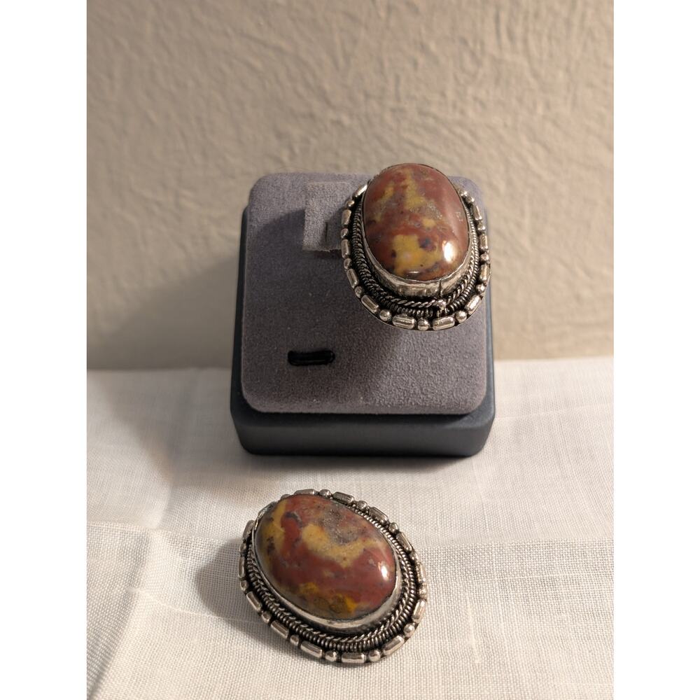 Vintage Large Chunky Bezel Set Jasper Stone Silver Tone Clip On Earrings